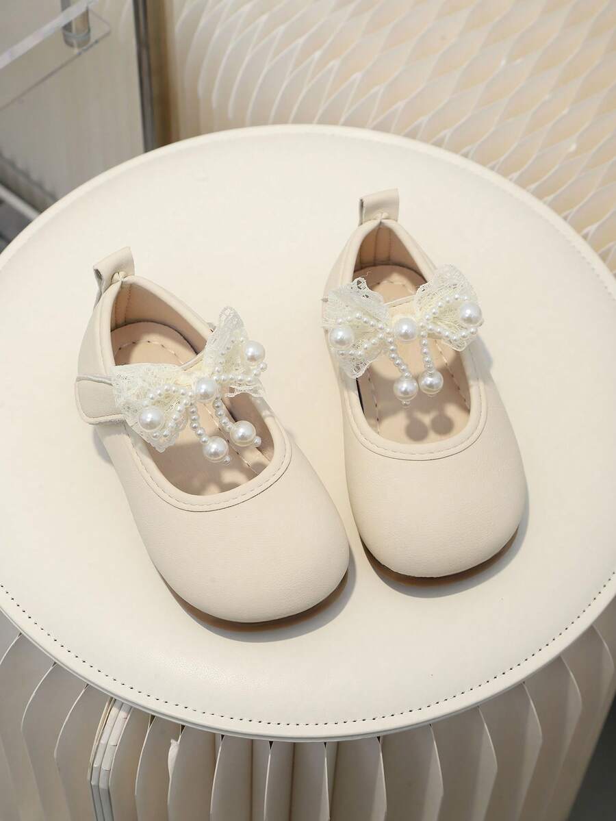 1 Pair Baby Girl Lace Pearl Bow Comfortable Low Vamp Flat Casual Shoes, Suitable For Daily Outdoor Wear, All Seasons - Beige - View 1