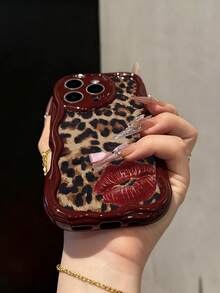 Leopard Print Lip Painted Soft Phone Case Compatible With IP17/IP17PROMAX/Iphone16//Iphone16pro/Iphone16promax/Iphone15/ XR /7p8p/P12promax/P13promax/P14PROMAX /P13/P14/P11/P12/P14, Cute & Fashionable Thick Protective Cover - Multicolor - View 2