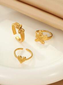 Set de 3 anillos abiertos minimalistas chapados en oro de acero inoxidable, incluye diseños de letra, corazón y estrella de mar, adecuado para uso de mujeres o como regalo - Amarillo Oro - Ver 3