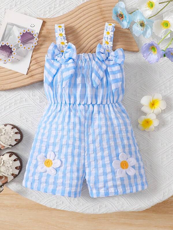 Baby Girls Summer New Blue Plaid Bow Floral 3D Romper, Fashionable Cute Casual, Suitable For Vacation And Outings