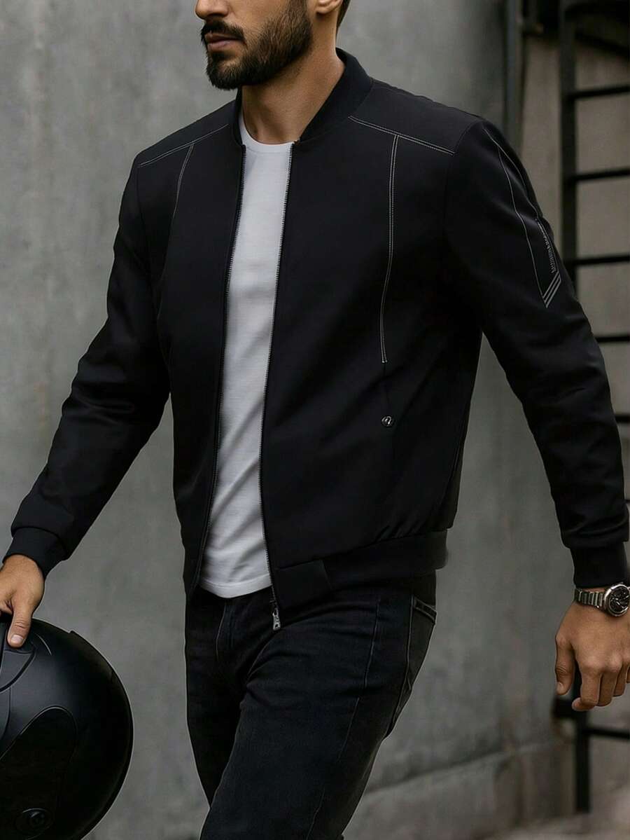 春秋季男士薄款立领夹克，休闲青年外套，百搭日常穿着 - 黑色 - 查看 1