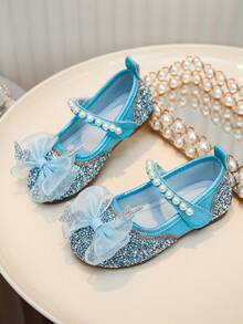 1 Pair Girls' Multi-Color Butterfly Rhinestone Shoes, Pearl Decor Princess Soft Bottom Shoes, Suitable For Spring, Summer, Birthday Party, School Performance, Ethereal And Gentle Little Shoes - Blue - View 6