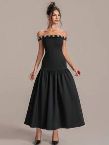 ASANDY Đầm dạ hội trễ vai màu đen đính đá và họa tiết hoa dành cho nữ, kiểu dáng thanh lịch và tinh tế. - màu đen - Xem 4