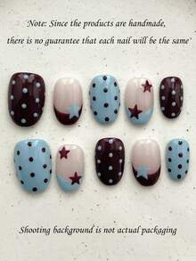10pcs Y2K Minimalist Personalized Handpainted Blue & Brown Polka Dot Pentagram Short Oval Nail Art Stickers, Pressure-Sensitive Short Nails - Multicolor - View 2