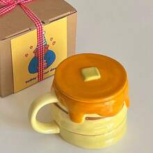 300毫升创意蜂蜜煎饼陶瓷马克杯，带盖，咖啡杯，送给儿童和女士的完美生日礼物，可爱又讨喜的马克杯 - 黃色 - 查看 3