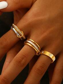 TONSI 1pc Fashionable Minimalist Multi-Layer 18K Gold Plated Stainless Steel Ring Set, Versatile Stackable Rings With Cubic Zirconia Four-Leaf Flower Design, Suitable For Women's Daily, Commute, Party Wear