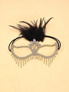 银色羽毛水晶流苏面具，奢华水晶面部装饰，威尼斯化装舞会女士面具 - 金黑 - 查看 2