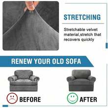 Trugenix-Sofa Cover 2 Piece T Cushion Armchair Slipcovers Velvet Couch Cover Furniture Protector Stretch T Cushion Sofa Covers For 1 Cushion Couch With 1 Individual T Cushion Covers, Deep Teal-GP - Neutral Gray - 查看 5
