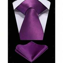 1 Set Men Solid Color 8cm Necktie And Pocket Square Set, Satin Tie And Handkerchief Set, Business Necktie And Pocket Square Men Necktie - 紫色 - 查看 1