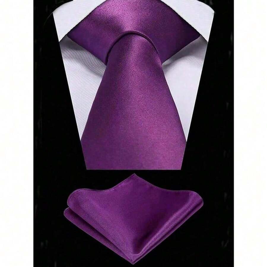 1 Set Men Solid Color 8cm Necktie And Pocket Square Set, Satin Tie And Handkerchief Set, Business Necktie And Pocket Square Men Necktie - 紫色 - 查看 1