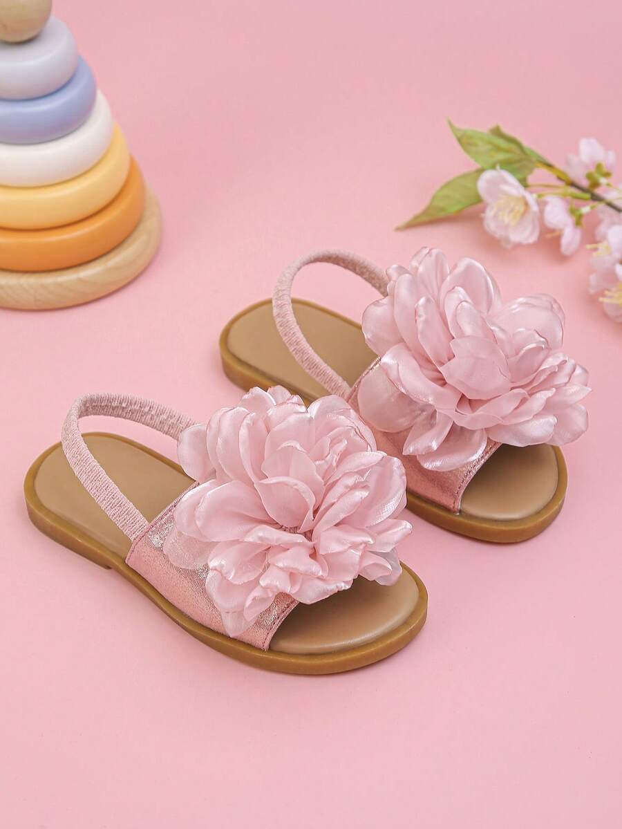 1 Pair Of Floral Daisy Diamond Sandals, Suitable For Girls With Soft Soled Open Toe Straight Strap Flat Sandals, Versatile For Spring And Summer. - Pink - View 1
