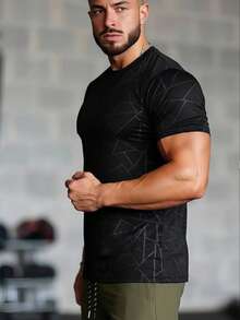 男士运动T恤，圆领，轻薄，休闲，速干运动上衣，夏季黑色 - 黑色 - 查看 6