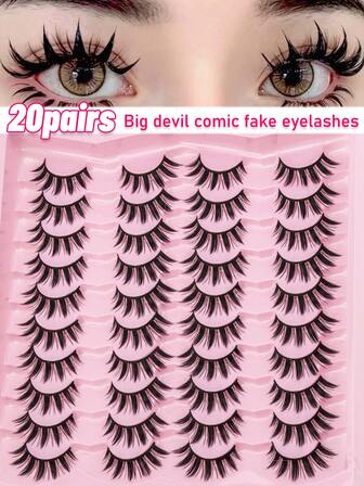 20对装大恶魔漫画D型卷翘假睫毛，动漫风格，可重复使用，新手友好，轻松打造动漫风魅惑妆容，高品质浓密睫毛套装，情人节礼物，送给女性的可爱小礼物，旅行必备，方便携带