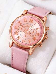 7pcs Set: Pink PU Leather Women's Watch, Clover Bracelet, Necklace, Earrings And Ring - Pink - View 4