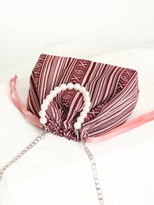 Classic Fashion Striped Pearl Drawstring Pouch, Simple Casual Pleated Metal Chain Crossbody Mini Cute Cloud Handbag - Multicolor - View 4