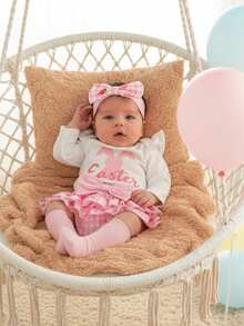Conjunto de Pascua para niña, mono de manga larga con conejito, pantalones cortos con volantes a cuadros, diadema con lazo y medias, conjunto de 4 piezas para primavera - Blanco - Ver 7