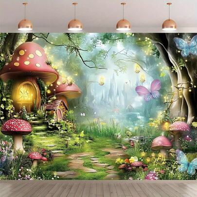 1pc Magic Fairyland Forest Background-Vibrant Party Banners With Glowing Mushrooms, Butterflies And Leaves, Which Are Very Suitable For Taking Photos, Studio Props And Theme Activities. Photo Background | Fantasy Forest Design | Vibrant Printing Quality, Fairyland Garden Decoration.