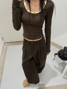 2025 Autumn European & American Style Women Long Sleeve T-Shirt With Ruched Design, Casual Crew Neck Undershirt - 335 Coffee Milk Tea - View 3