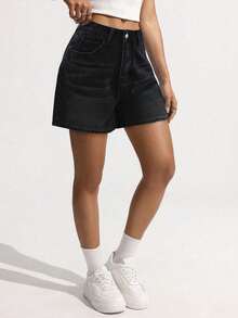 Quần short denim phong cách Y2K rách rưới họa tiết da báo và họa tiết ngôi sao, quần short denim dáng rộng đa năng cho mùa hè. - Khói đen - Xem 3