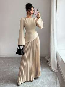 女士纯色两件套，翻边不对称下摆长袖套装，款式简约大方，家居两件套，优雅长袖女装，尽显女性优雅气质。 - 卡其色 - 查看 5