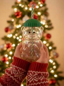 1个580毫升迷你小熊造型玻璃杯，带绿色杯盖和吸管，透明可爱小熊造型饮水杯，适合居家办公使用，可作阅读杯，趣味饮水器皿，耐用玻璃容器 - 無色 - 查看 3