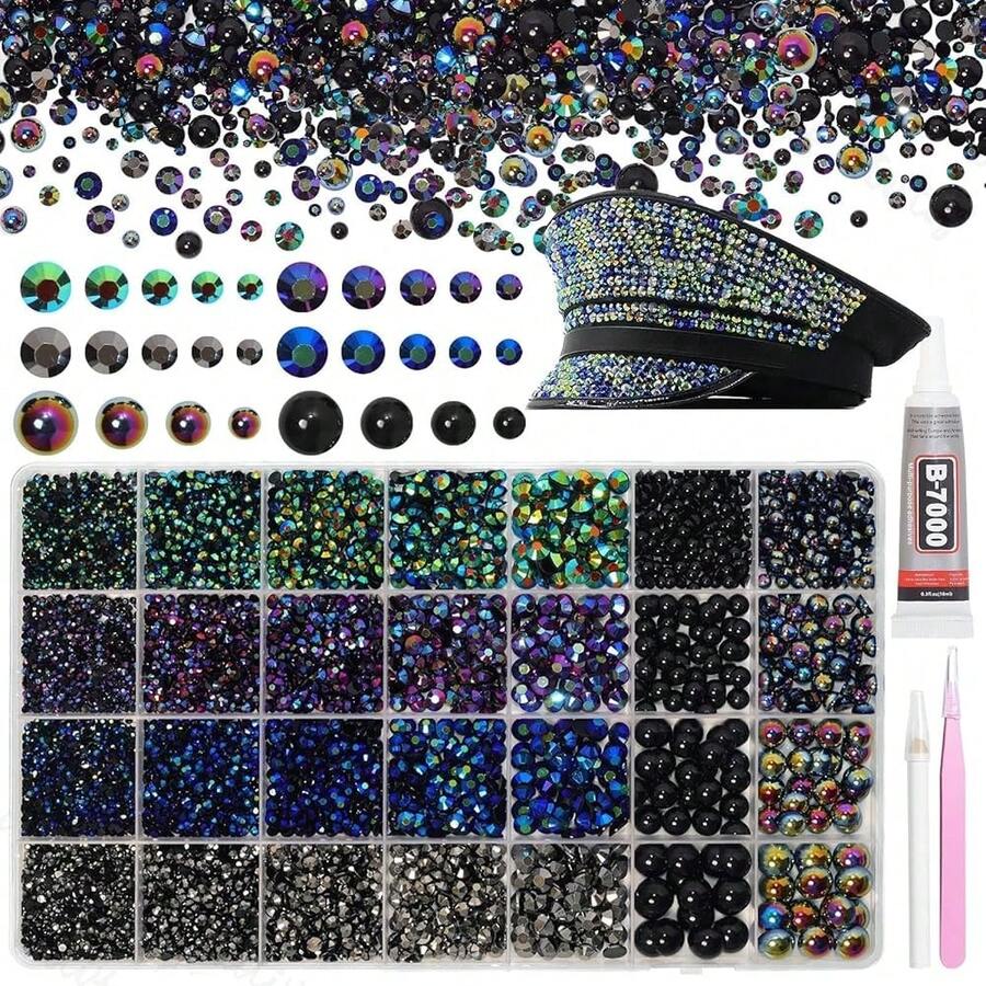 14000Pcs Gothic Black Colors Flatback Rhinestones And Pearls For Bedazzling Kit, 2-6mm Resin Gems Bedazzling Rhinestone, 4-10mm Flatback Pearls Gems Rhinestones For Crafting DIY Face Makeup - S11 - 查看 1