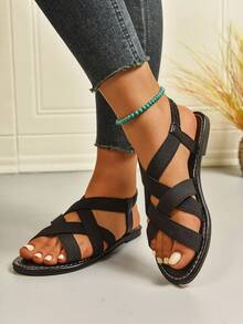 女士平底凉鞋，时尚宽楦编织带经典凉鞋，多功能户外简约轻便凉鞋，女士沙滩交叉带休闲凉鞋 - 黑色 - 查看 3