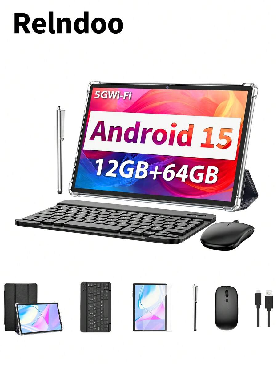 Relndoo Android 15 Tablet With Keyboard, 2026 Newest 10.1 Inch Tablets, 12GB RAM+64GB ROM, 4-Core 2.0GHz CPU, 1280*800 HD Screen, 2.4G/5G WiFi, 2 In 1 Tablet With Keyboard, Mouse, Leather Case, Stylus, Protective Film, Cable, Certified Tablet PC (No Adapter) - Black - View 1