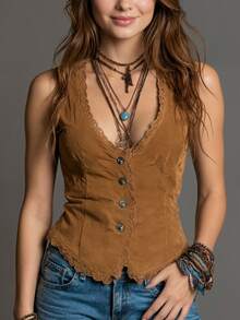 Women's Brown V-Neck Contrast Lace Backless Camisole Casual Spring - Earthy Yellow - View 3