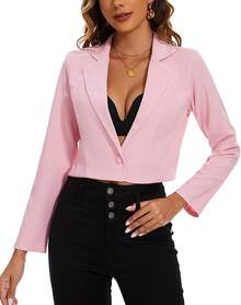 Women's Cropped Long Sleeve Notch Lapel Button Front, Casual Work Office Cardigan Suit, Style YGHH - 粉色 - 查看 8