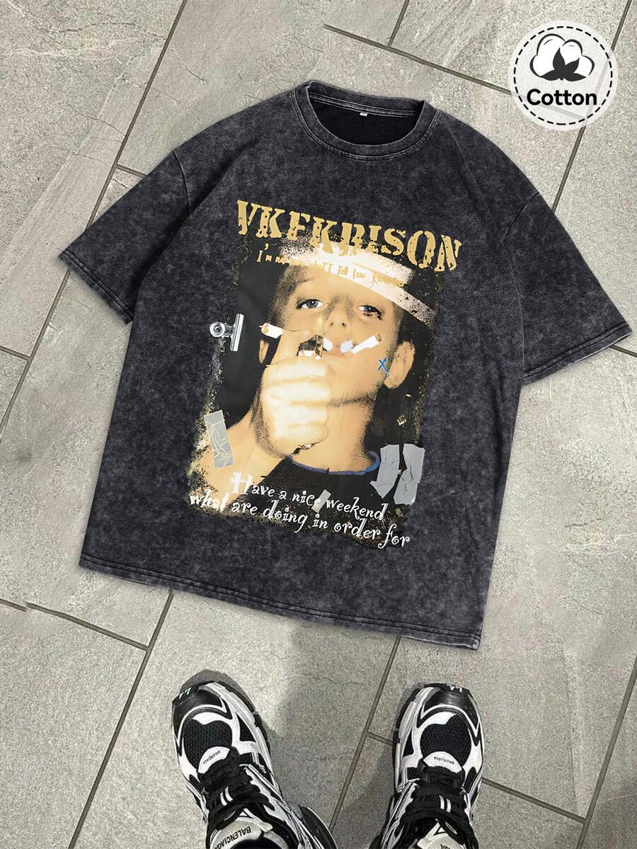 Hemo, Hemo, Men's Street Graphic T-Shirt, Slightly Stretchy Distressed Cotton Blend Black Crew Neck Short Sleeve Tee, Casual Daily T-Shirt - Black - View 1