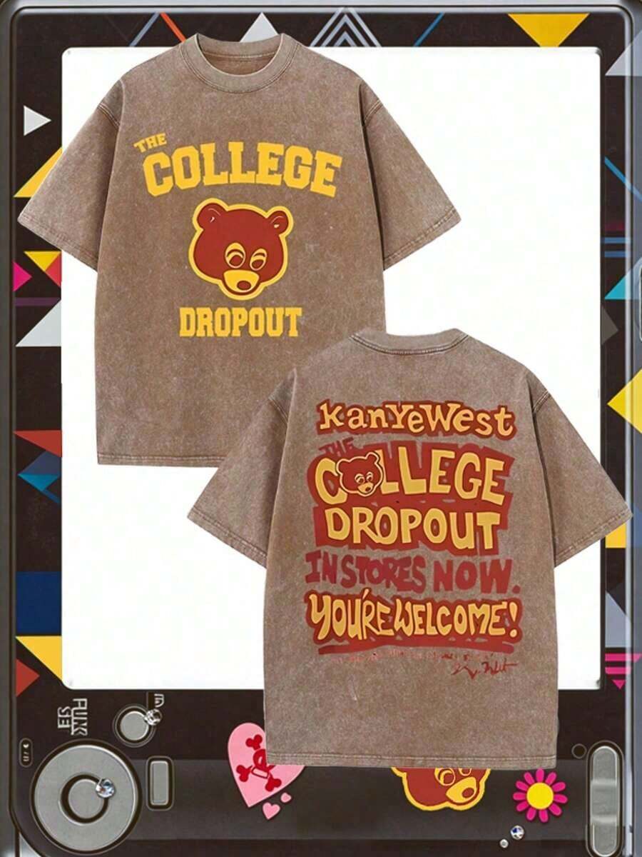 The College Dropout Bear & "KanyeWest THE COLLEGE DROPOUT IN STORES NOW" Graphic Printed Casual Style Men's Casual Wear 230g Washed Cotton Round Neck Short Sleeve Comfortable & Breathable Double - Sided Printed Tee For Summer High - Quality Design - 咖啡棕色 - 查看 1