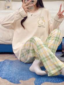 女士两件套睡衣套装，韩式休闲睡衣，可爱兔子印花上衣，条纹印花七分裤，配套睡衣，家居服 - 香檳色 - 查看 10