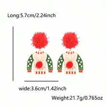 1 Pair Fashionable Creative Red Pom Pom & Reindeer Pendant Earrings, Unique Christmas Earrings - Red Pom-pom-patterned Reindeer Clothing Pendant Earrings - View 3