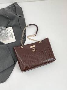 鳄鱼纹大容量手提包，女士大容量时尚链条单肩包，新款时尚腋下包，复古女士托特包 - 咖啡 - 查看 4