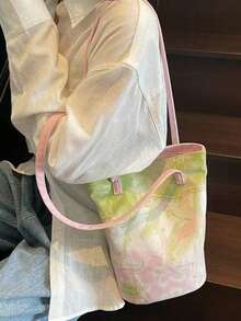 韩式复古小众设计粉绿色清新单肩包，通勤休闲外出皆宜，大容量简约帆布手提包，艺术感十足的腋下单肩水桶包，女士款 - 彩色 - 查看 3