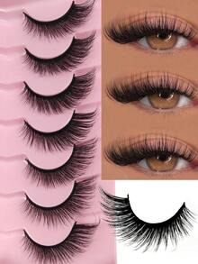 7对猫眼假睫毛，仿貂毛假睫毛，飞扬尾端，拉长眼型，柔软自然，纤长全框假睫毛