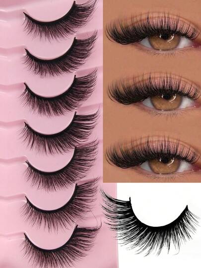 7对猫眼假睫毛，仿貂毛假睫毛，飞扬尾端，拉长眼型，柔软自然，纤长全框假睫毛