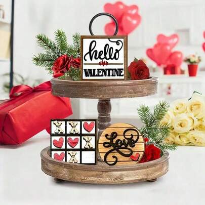 3件套2D情人节主题木质桌面中心装饰托盘，HELLO VALENTINE标牌，井字棋XO心形方块+心形方块，乡村农舍情人节桌面中心装饰礼品，家居浪漫装饰，房间桌面装饰（不含托盘）