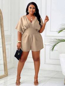 BIUBIU Plus Size Women's Batwing Sleeve V-Neck Short Sleeve Jumpsuit, With Bow And Ruffle Design, Elegant Dress - Light Khaki - View 1