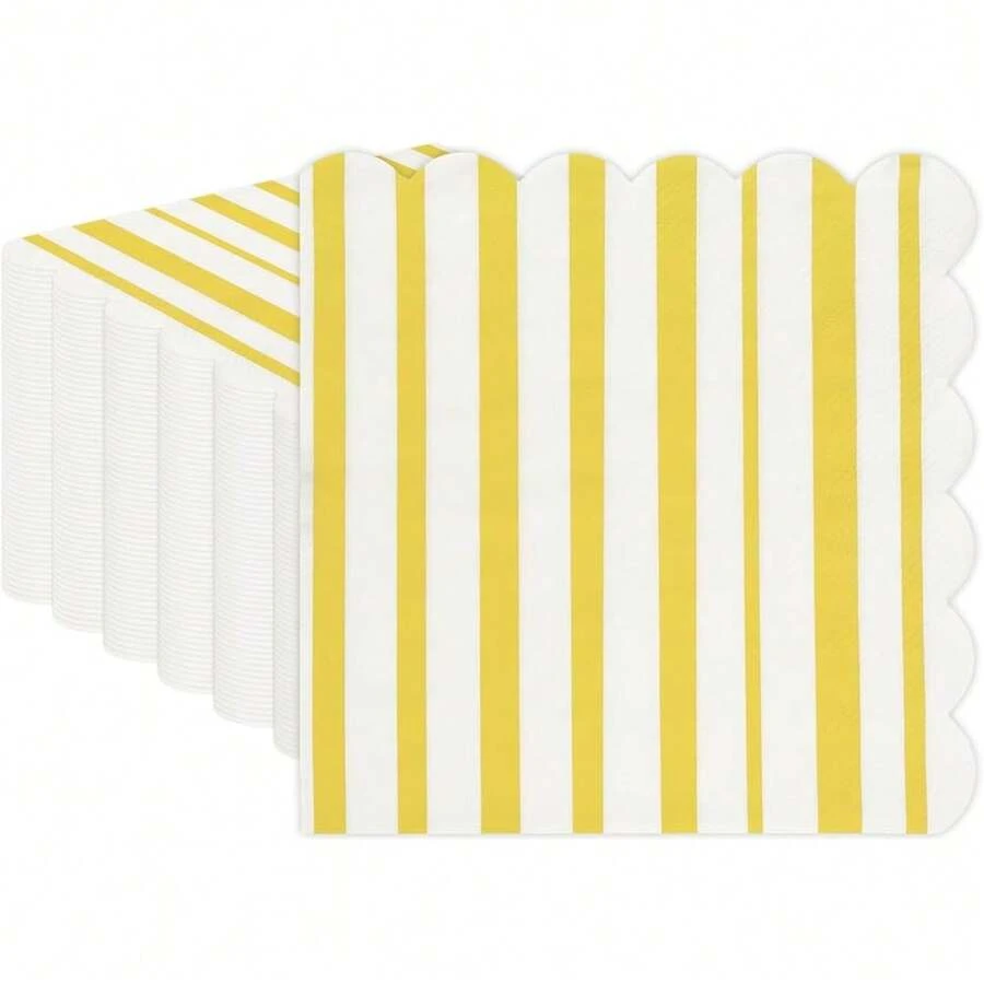 New 40Pcs Yellow Striped Pastel Napkins, 6.5 X6. 5 Inch Scalloped Ice Cream Party Napkin Disposable Paper Cocktail Beverage Napkins For Pastel Party W Shower Birthday Dr Dinner Dr - Yellow 40 - View 1