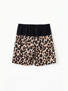 Traje de baño de una pieza con un hombro y recorte en la cintura con panel de estampado de leopardo, o shorts de traje de baño a juego para toda la familia - Negro - Ver 7