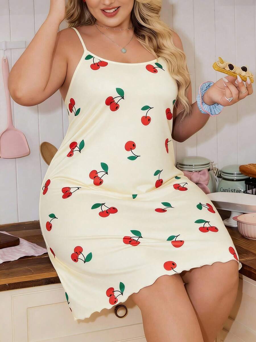 1 Stück Damen Große Größen süßes & elegantes Kirschenmuster Rüschen Dekor ärmelloses Nachthemd, geeignet für Frühling/Sommer Innen- und Außenbereich - Beige - Übersicht 1