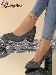 LangMoon 2026 New Arrival Black Glitter Thick Heel High Heels - Comfortable Versatile Sexy Design, Shiny Sequin Lights Ins Style European & American Sexy , Suitable For Parties, Gatherings, Nights Out And Casual Chic Outfits, Premium Soft Insole Non-Cramping, Women's High Heels, Suitable For Wedding Season And Various Holidays - Black - View 5