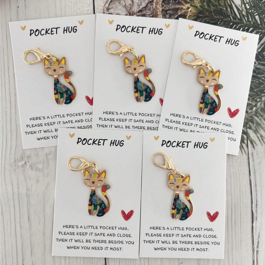 10个/5套多色可爱猫咪钥匙扣和口袋拥抱卡片钥匙圈套装，适合作为生日礼物、春季派对饰品、包包挂饰