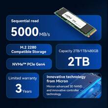 Crucial E100 480GB/1TB M.2 NVMe PCIe Gen4 SSD Up To 5,000MB/S High-Speed Internal Drive For Gamers PC Enthusiasts Laptop Desktop Pc Builders - Green - View 4