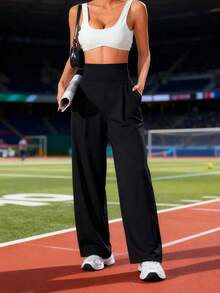 Casual Versatile Solid Color High Waist Straight Leg Outdoor Pants Sports - Black - View 1