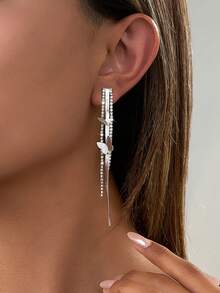 Nooxian 1对女士耳环，时尚优雅的蝴蝶水晶流苏耳环，独特的高端耳环，适合女士日常佩戴 - 銀色 - 查看 1