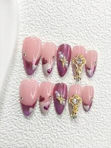 Bộ 10 miếng dán móng tay gel màu tím quyến rũ, bao gồm móng giả hình quan tài, móng hạnh nhân, móng mỏ vịt, móng dán kiểu Pháp, hình ngôi sao, hình cỏ bốn lá, hình trái tim vẽ tay, ngọc trai, đá quý, móng gel màu tím ombre, móng hồng. Kèm theo bộ dụng cụ (1 miếng dán gel + 1 dũa móng), thích hợp cho nữ giới diện đi dự tiệc, ngày Valentine, các ngày lễ. Món quà tuyệt vời dành cho phái đẹp. - Nhiều màu - Xem 12