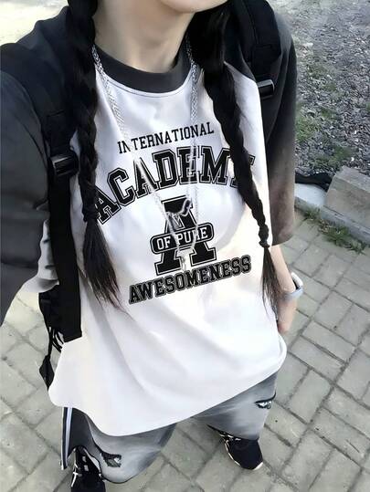 Y2K学院风字母印花撞色插肩T恤，女士宽松休闲夏季上衣
